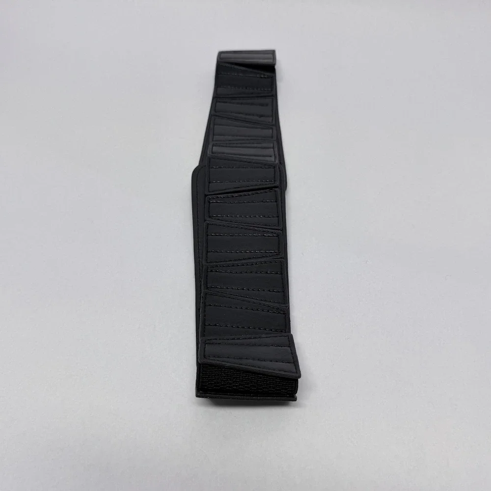 Black Wide Elastic Cinch Waist Belt Silver Ring Hook Closure Faux Leather